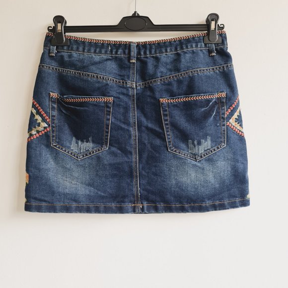 Brave Soul Blue Denim Embroidered Short Skirt UK 14 Zip Pockets - Picture 4 of 6